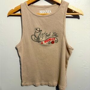 Tan Ribbed Cropped Shania Twain Man! I Feel Like a Woman Tank Top 100% Cotton L